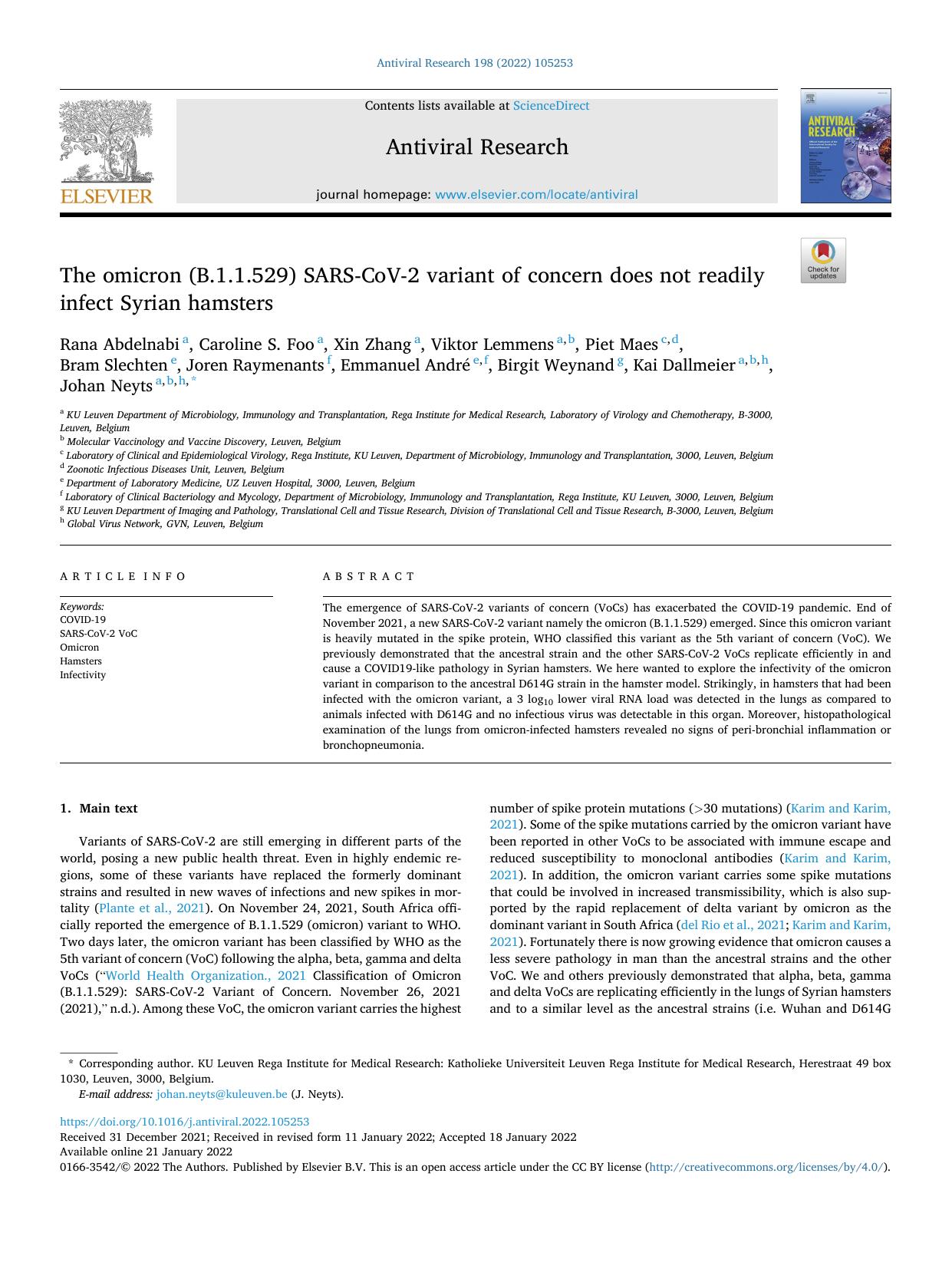 The omicron (B.1.1.529) SARS-CoV-2 variant of concern does not readily infect Syrian hamsters by Rana Abdelnabi