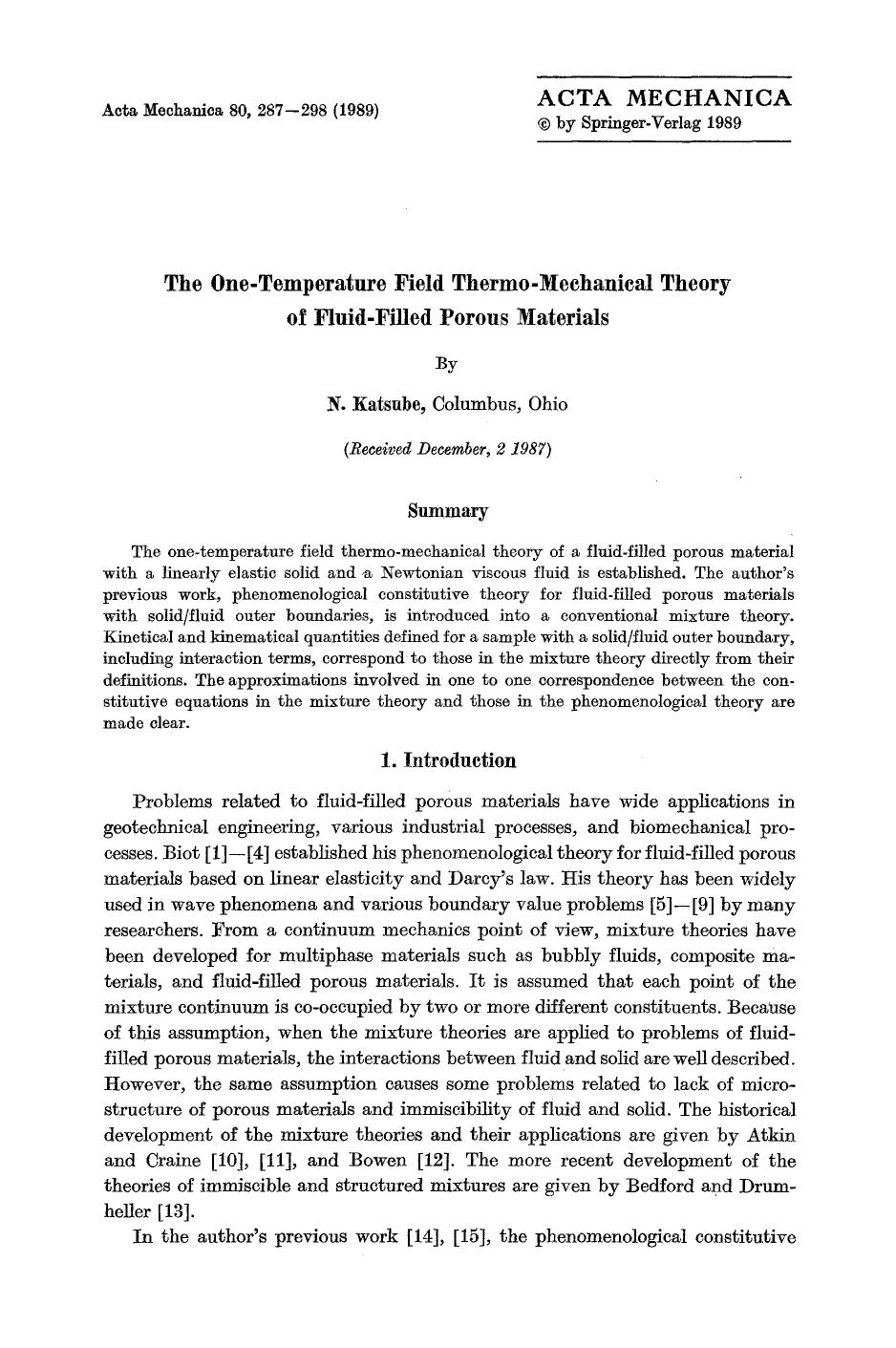 The one-temperature field thermo-mechanical theory of fluid-filled porous materials by Unknown