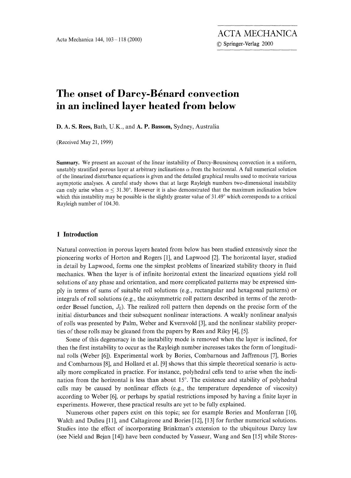 The onset of Darcy-B&#x00E9;nard convection in an inclined layer heated from below by Unknown