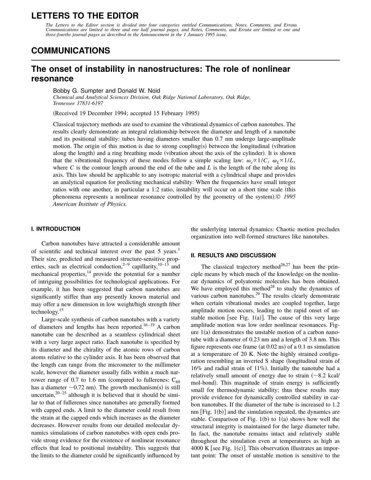 The onset of instability in nanostructures: The role by Bobby G. Sumpter and Donald W. Noid