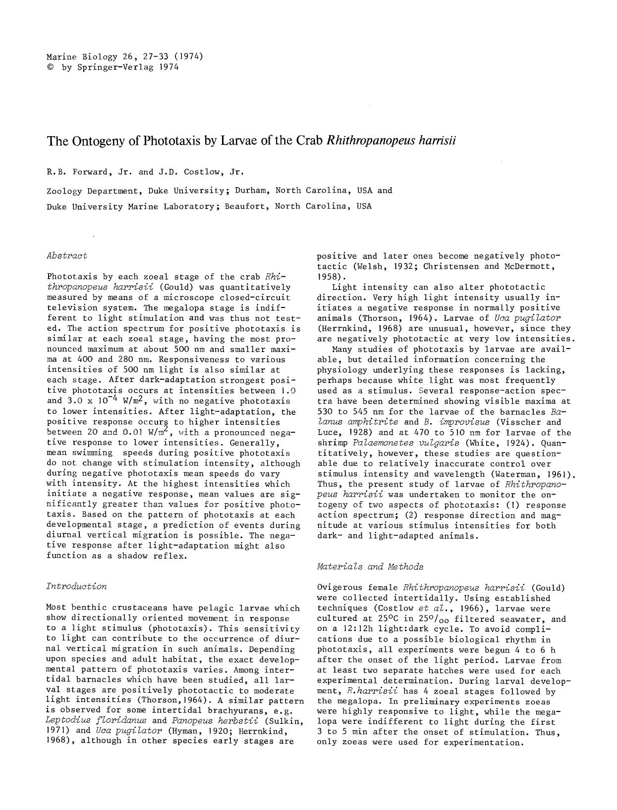 The ontogeny of phototaxis by larvae of the crab <Emphasis Type="Italic">Rhithropanopeus harrisii<Emphasis> by Unknown