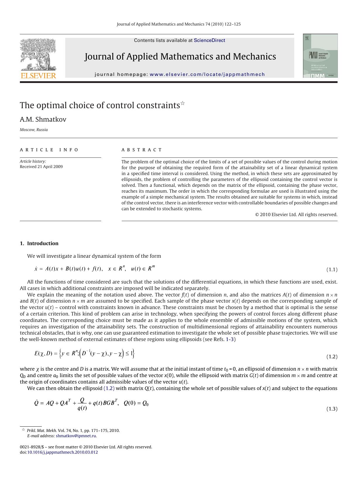 The optimal choice of control constraints by A.M. Shmatkov