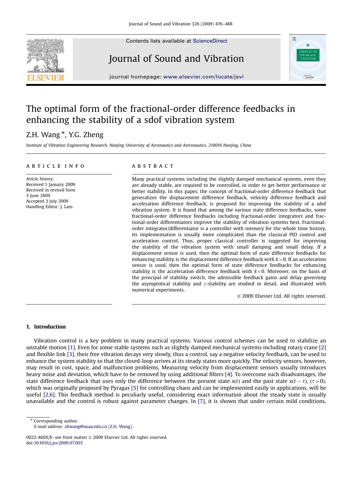 The optimal form of the fractional-order difference feedbacks in enhancing the stability of a sdof vibration system by Z.H. Wang; Y.G. Zheng