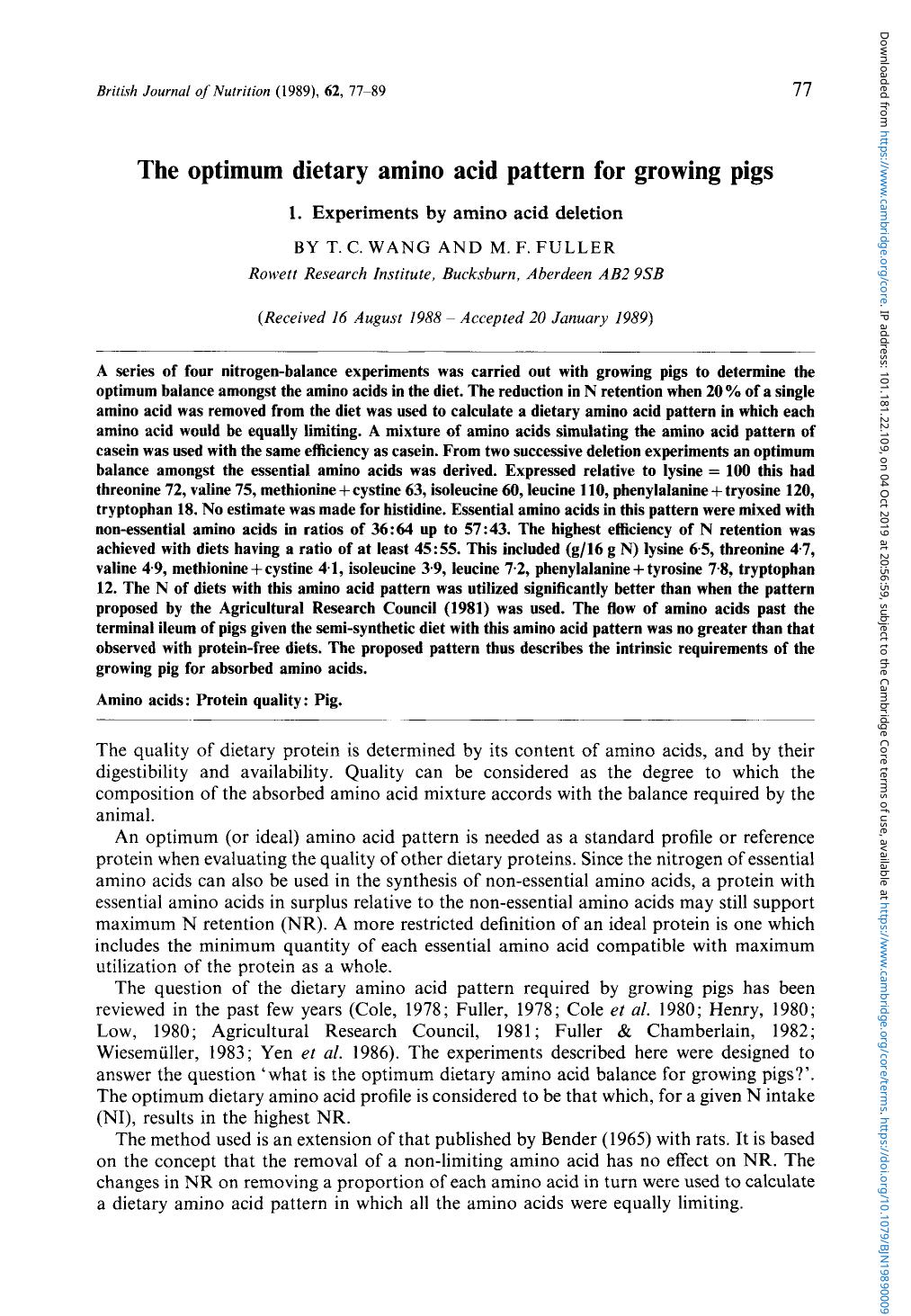 The optimum dietary amino acid pattern for growing pigs by T. C. Wang M. F. Fuller