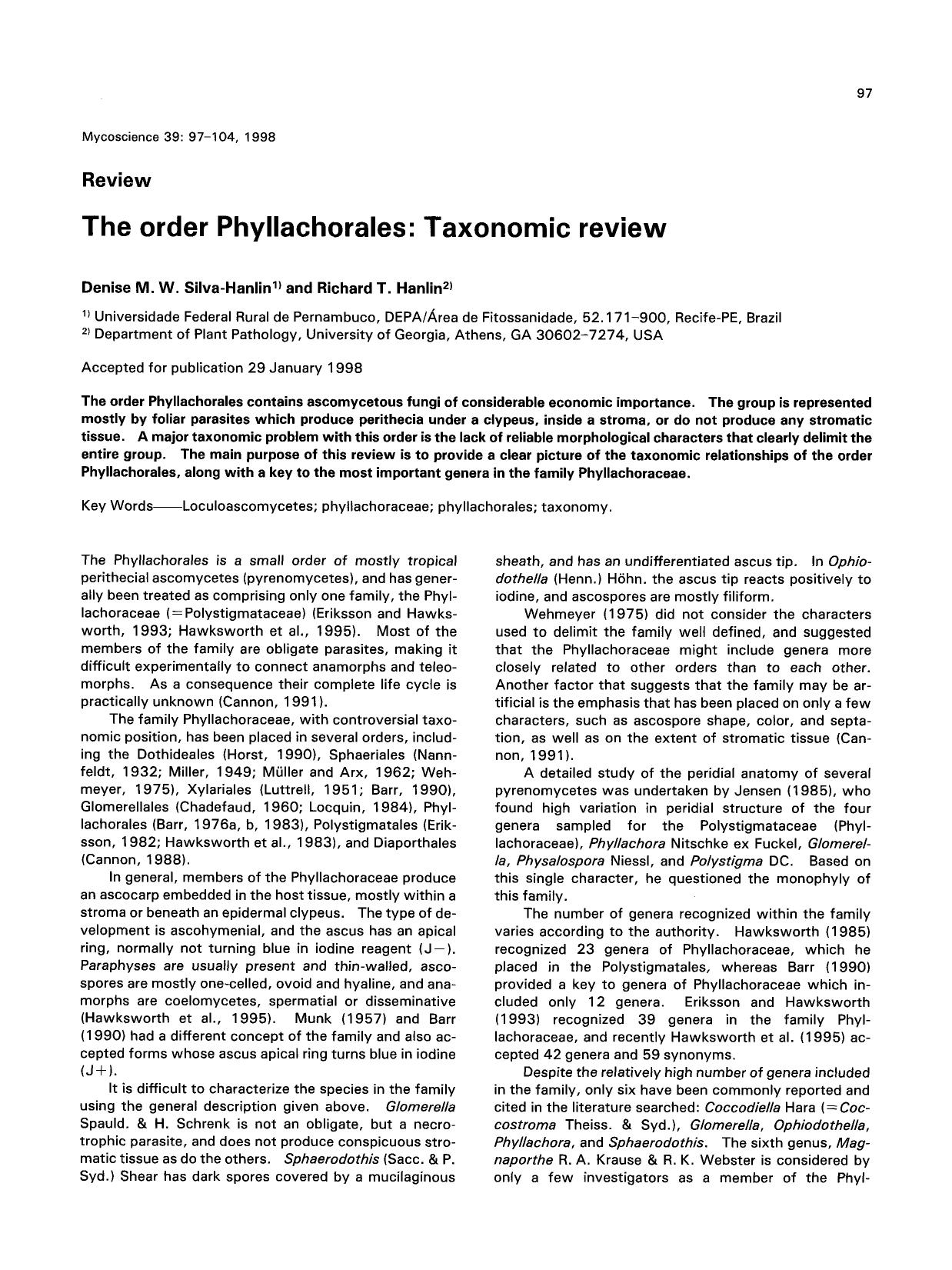 The order phyllachorales: Taxonomic review by Unknown