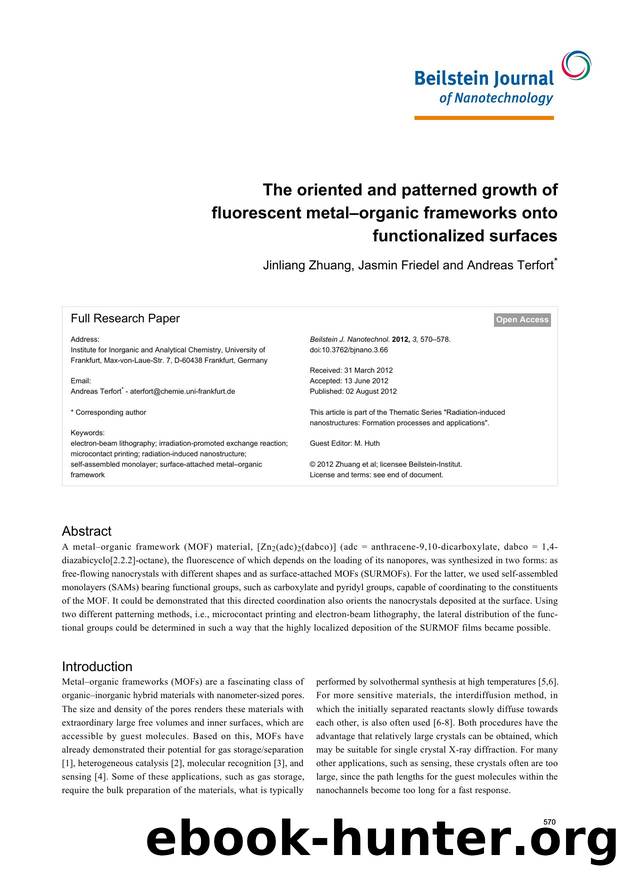The oriented and patterned growth of fluorescent metalâorganic frameworks onto functionalized surfaces by Jinliang Zhuang Jasmin Friedel Andreas Terfort
