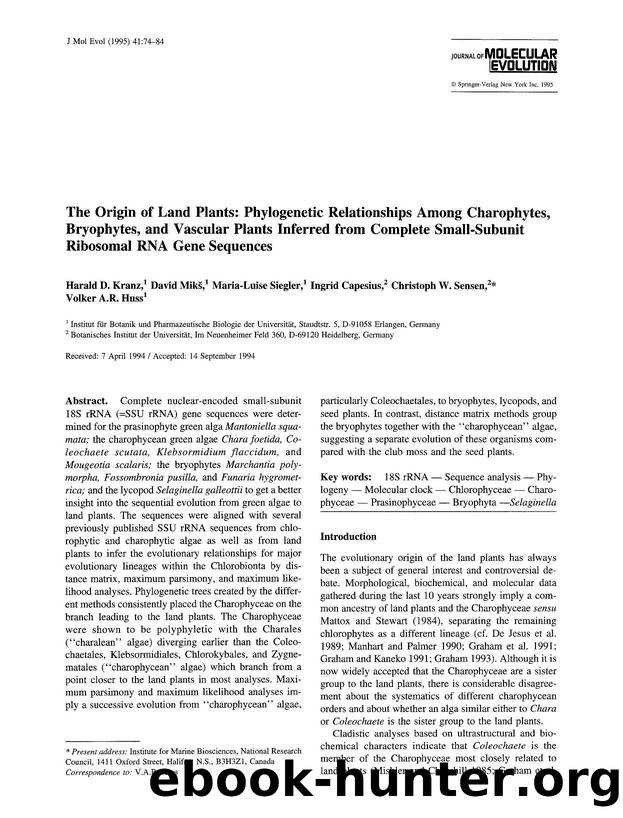 The origin of land plants: Phylogenetic relationships among charophytes, bryophytes, and vascular plants inferred from complete small-subunit ribosomal RNA gene sequences by Unknown