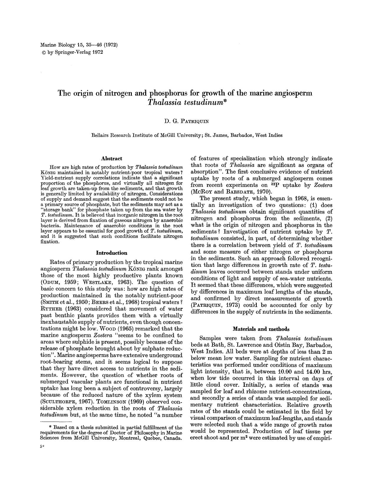 The origin of nitrogen and phosphorus for growth of the marine angiosperm <Emphasis Type="Italic">Thalassia testudinum<Emphasis> by Unknown