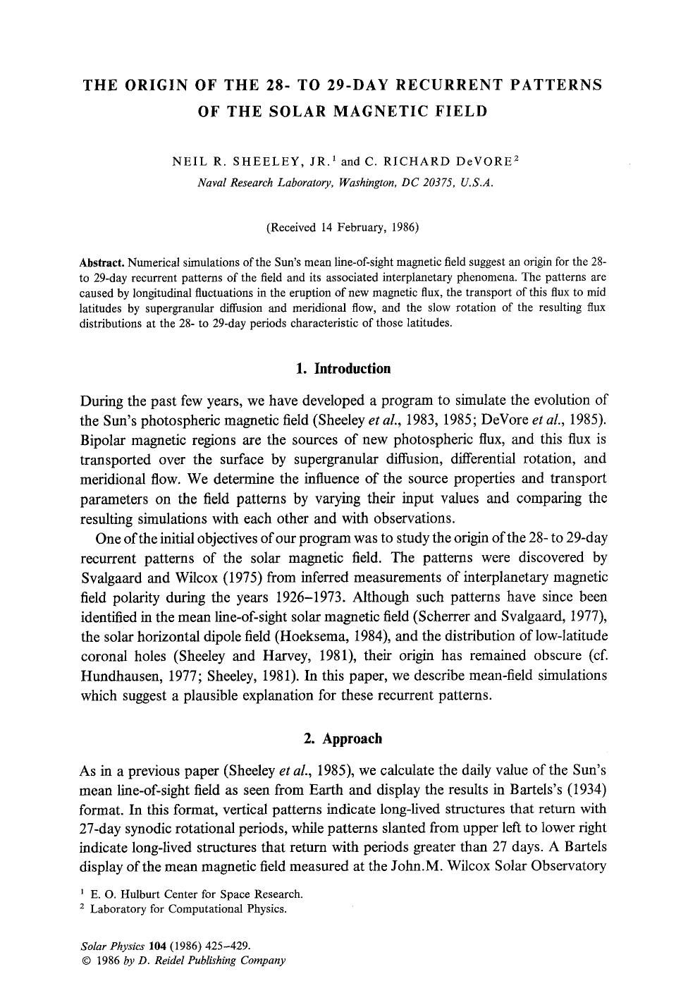 The origin of the 28- to 29-day recurrent patterns of the solar magnetic field by Unknown