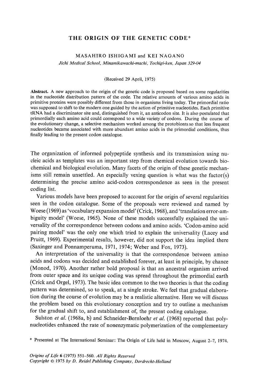 The origin of the genetic code by Unknown