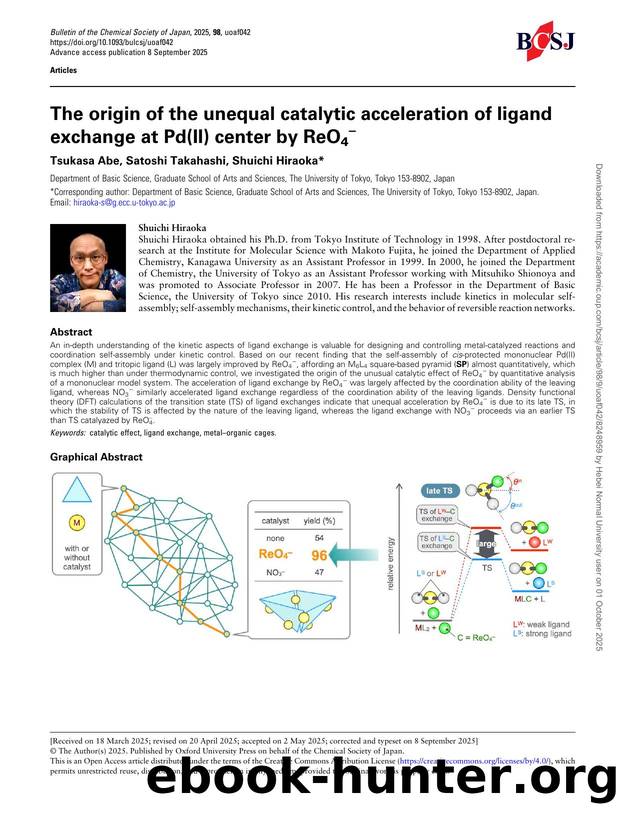 The origin of the unequal catalytic acceleration of ligand exchange at Pd(II) center by ReO4â by Tsukasa Abe & Satoshi Takahashi & Shuichi Hiraoka