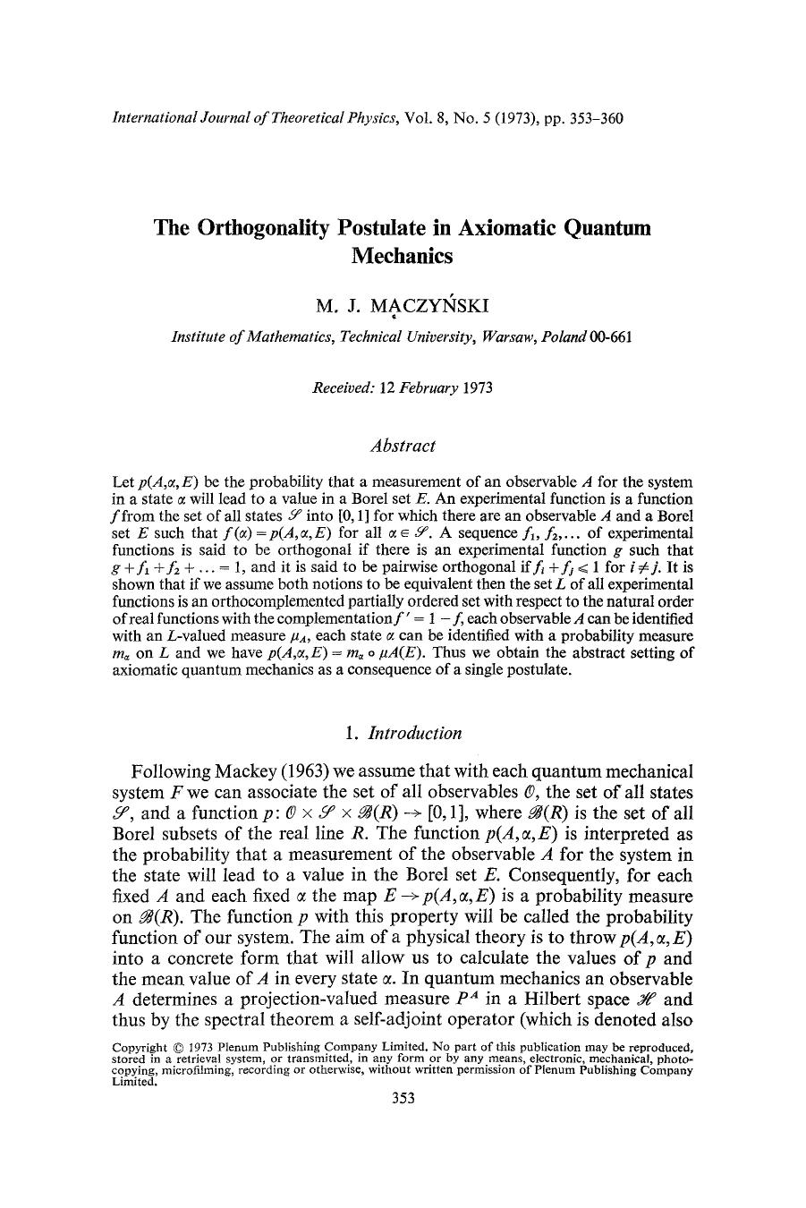 The orthogonality postulate in axiomatic quantum mechanics by Unknown