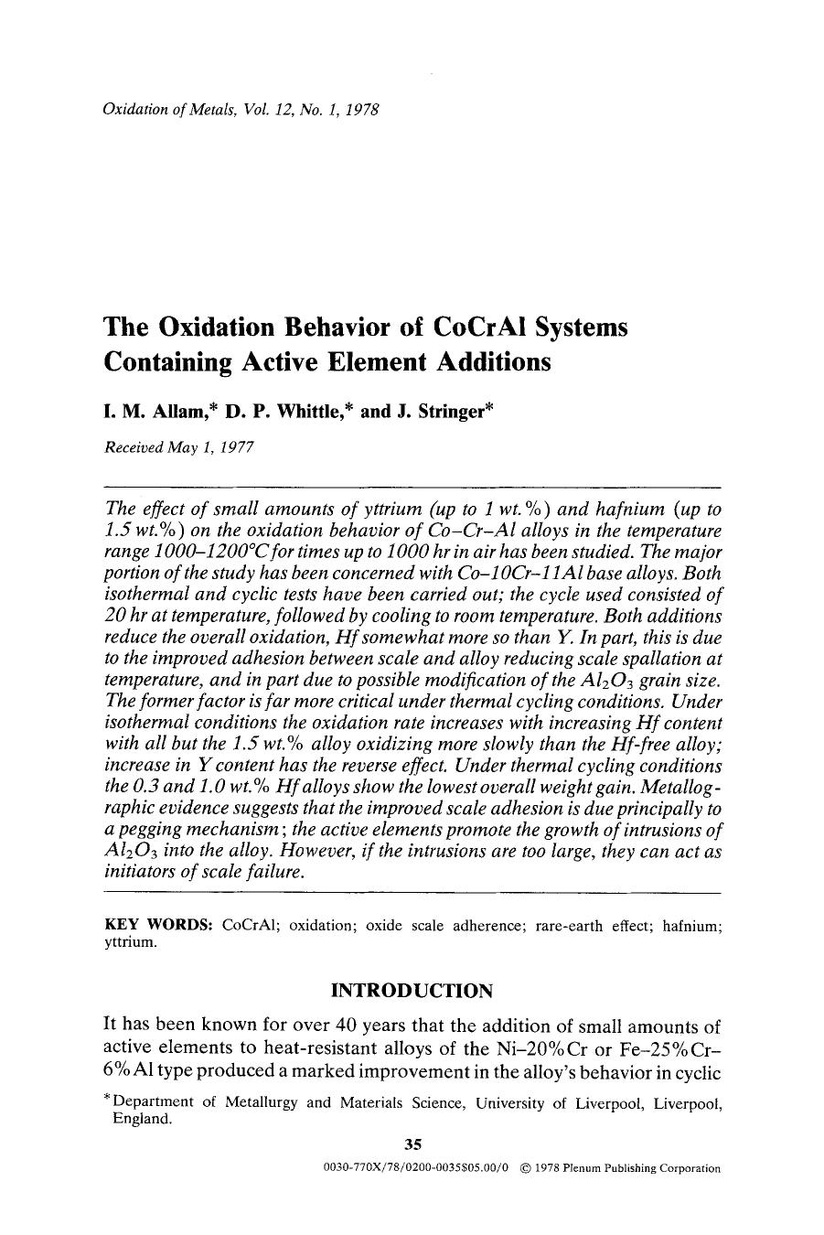The oxidation behavior of CoCrAI systems containing active element additions by Unknown