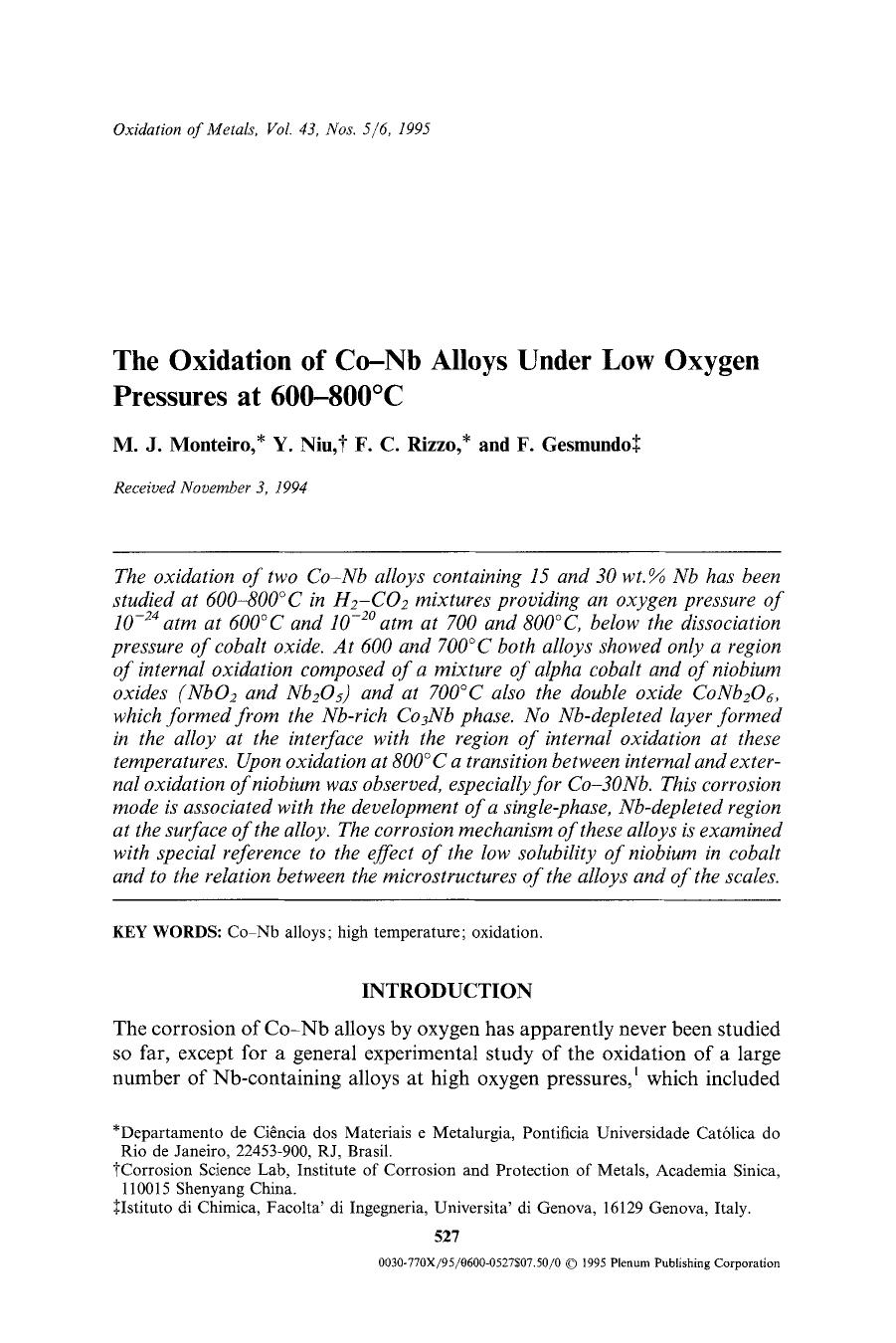 The oxidation of Co&#x2212;Nb alloys under low oxygen pressures at 600&#x2013;800&#x00B0;C by Unknown