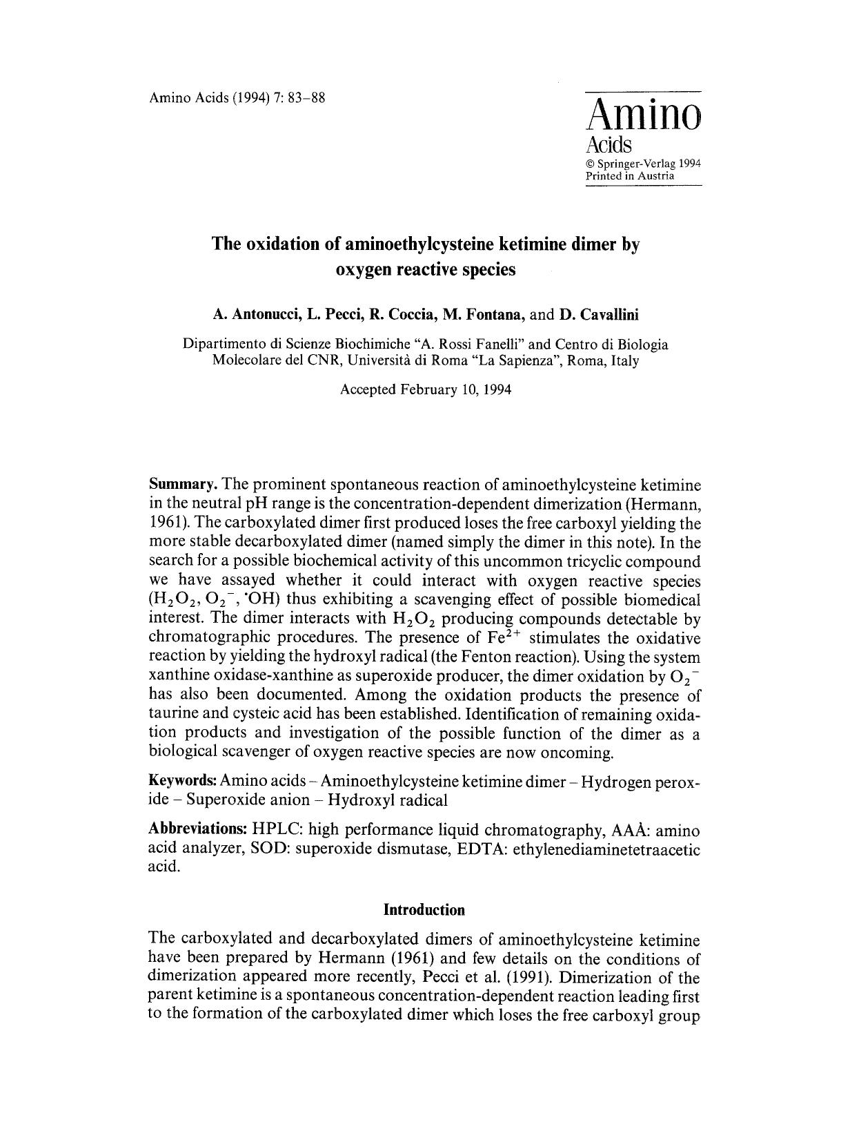 The oxidation of aminoethylcysteine ketimine dimer by oxygen reactive species by Unknown