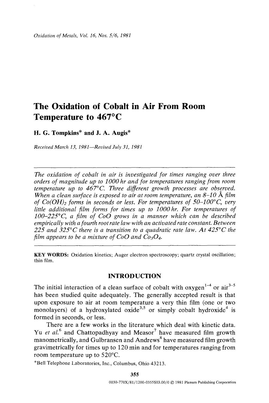 The oxidation of cobalt in air from room temperature to 467&#x00B0;C by Unknown