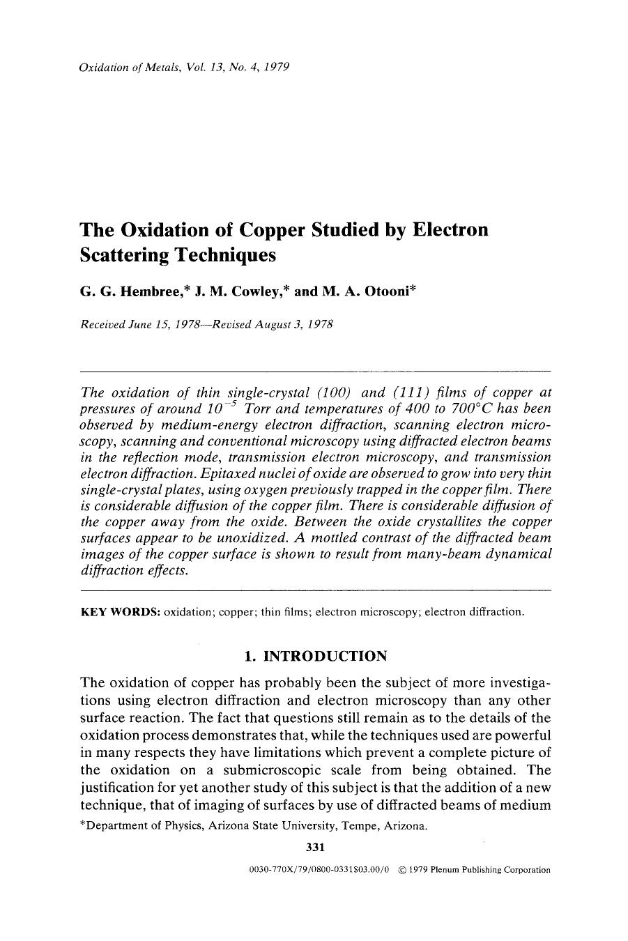 The oxidation of copper studied by electron scattering techniques by Unknown