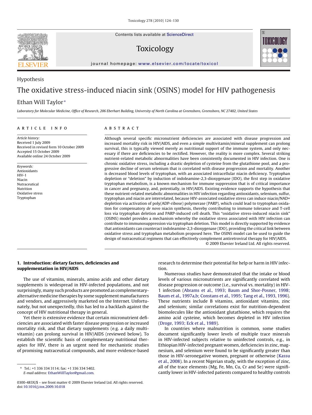 The oxidative stress-induced niacin sink (OSINS) model for HIV pathogenesis by Ethan Will Taylor
