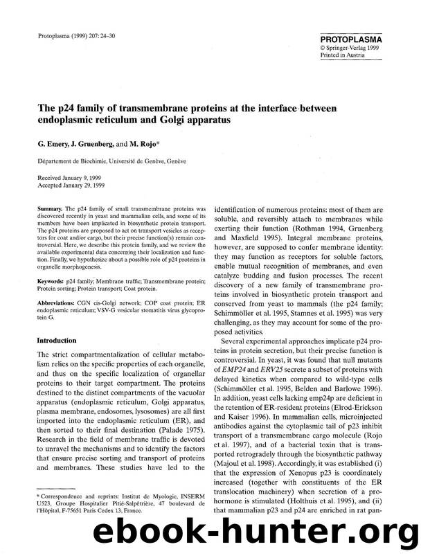 The p24 family of transmembrane proteins at the interface between endoplasmic reticulum and Golgi apparatus by Unknown