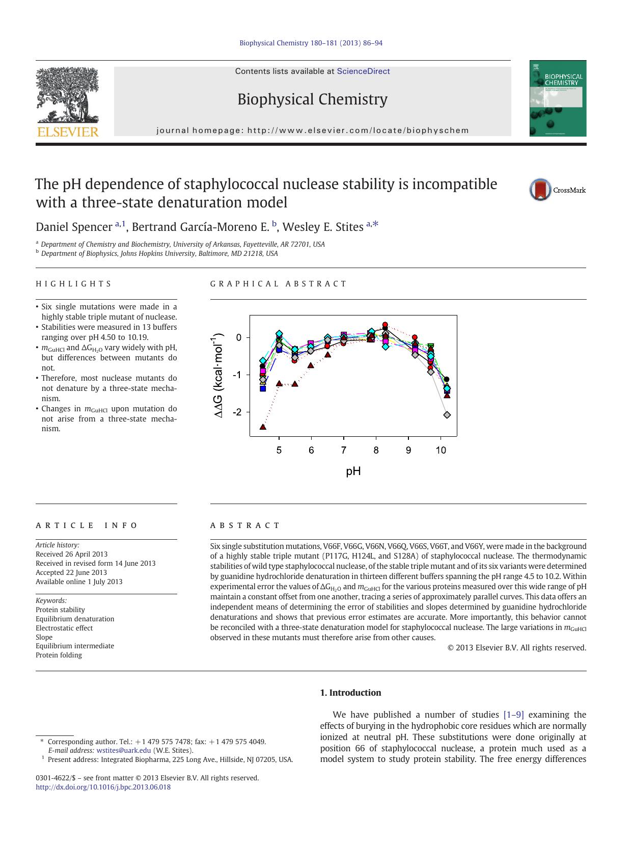 The pH dependence of staphylococcal nuclease stability is incompatible with a three-state denaturation model by Daniel Spencer & Bertrand García-Moreno E. & Wesley E. Stites