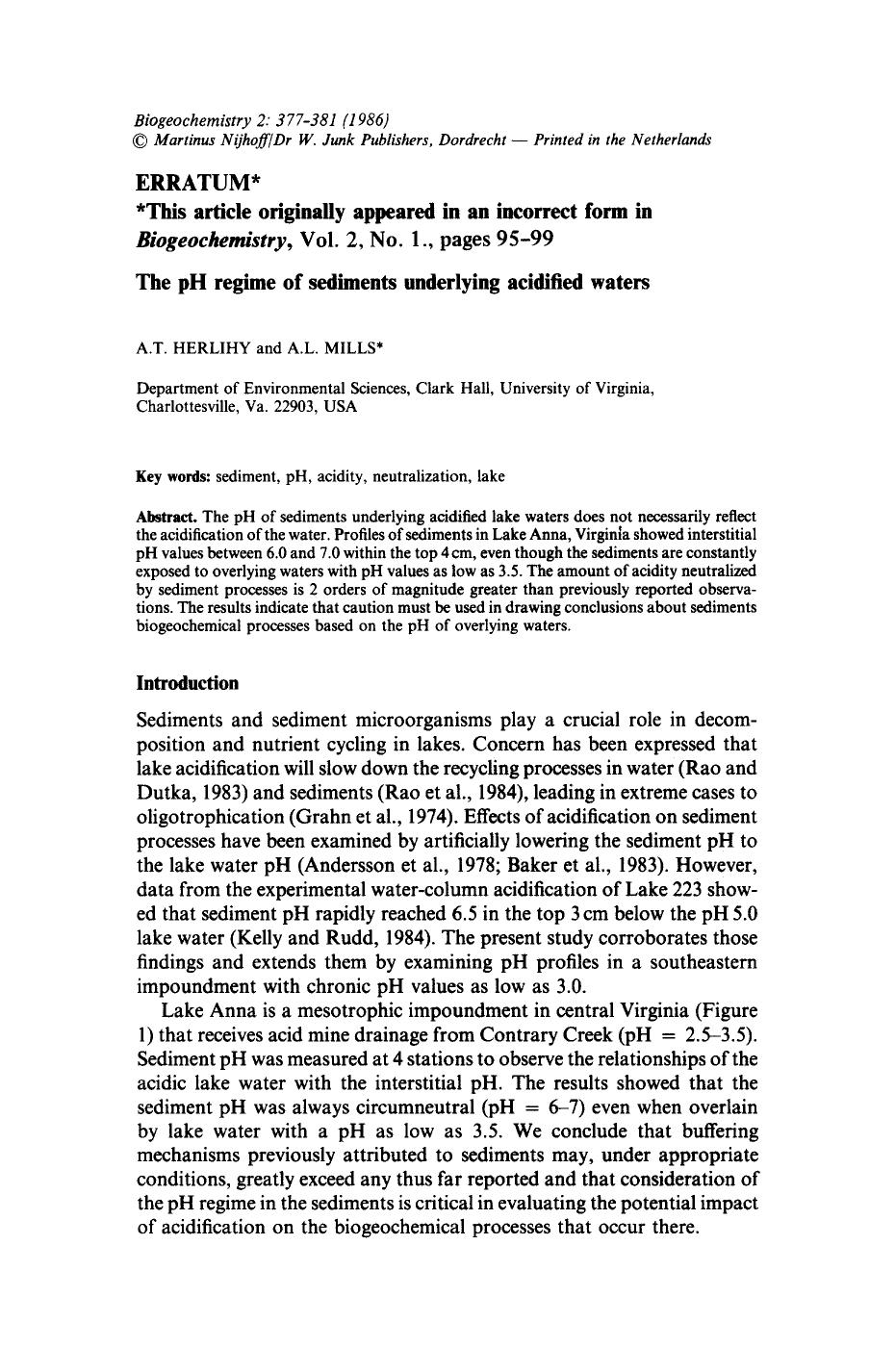The pH regime sediments underlying acidified waters by Unknown