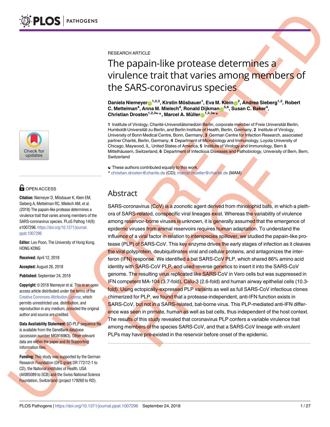 The papain-like protease determines a virulence trait that varies among members of the SARS-coronavirus species by unknow