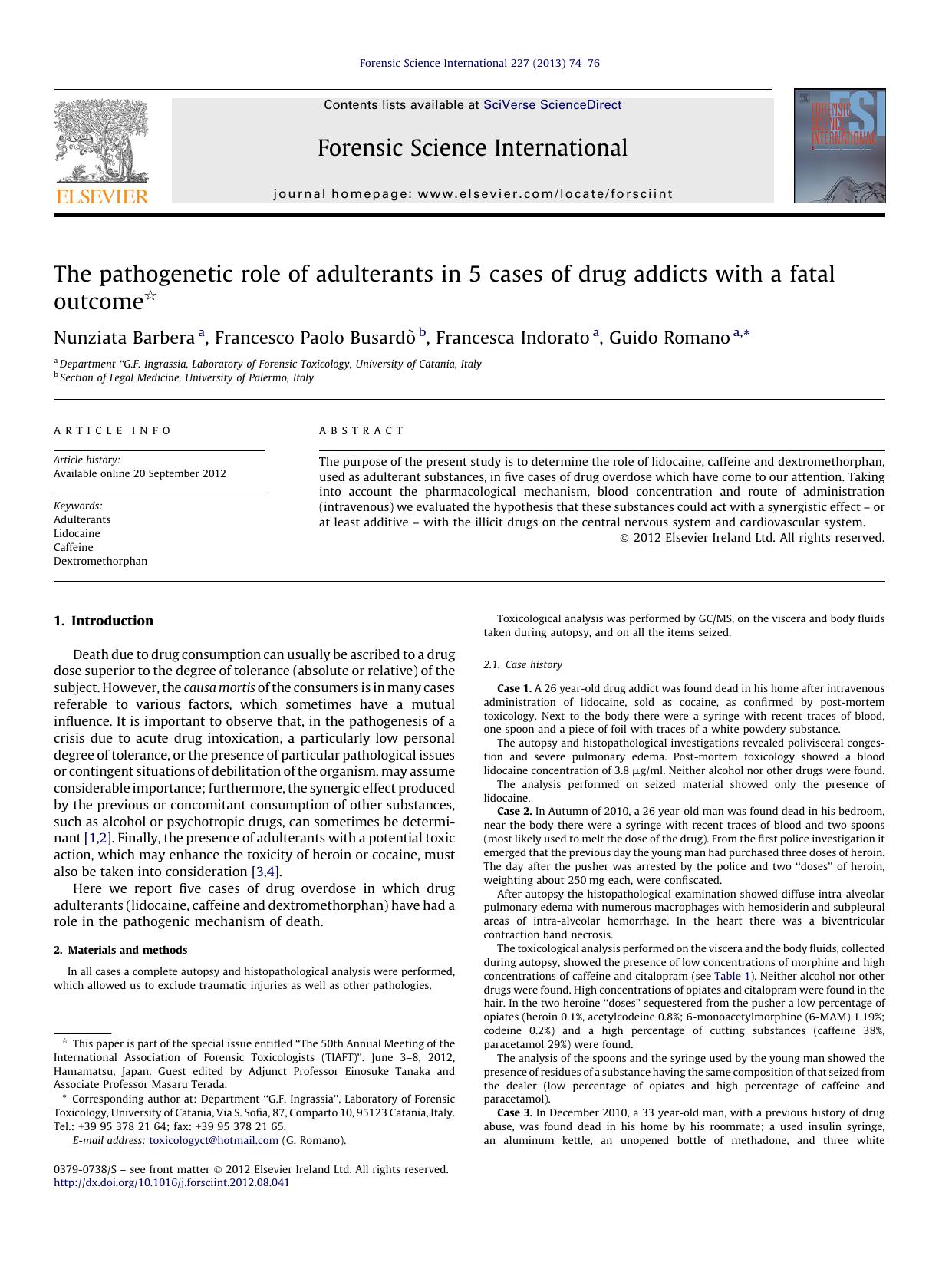 The pathogenetic role of adulterants in 5 cases of drug addicts with a fatal outcome by Nunziata Barbera