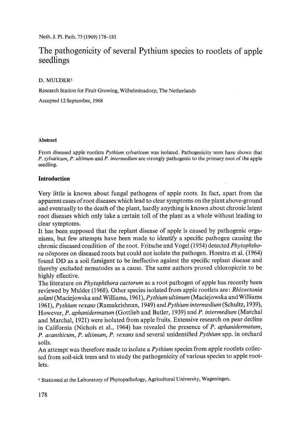The pathogenicity of several Pythium species to rootlets of apple seedlings by Unknown