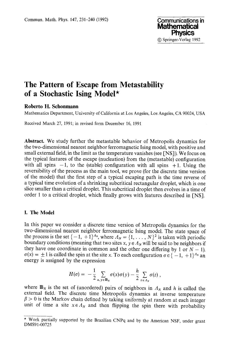 The pattern of escape from metastability of a stochastic ising model by Unknown