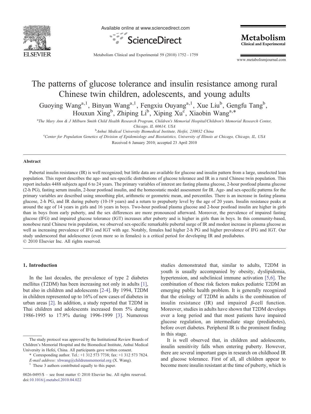 The patterns of glucose tolerance and insulin resistance among rural Chinese twin children, adolescents, and young adults by unknow
