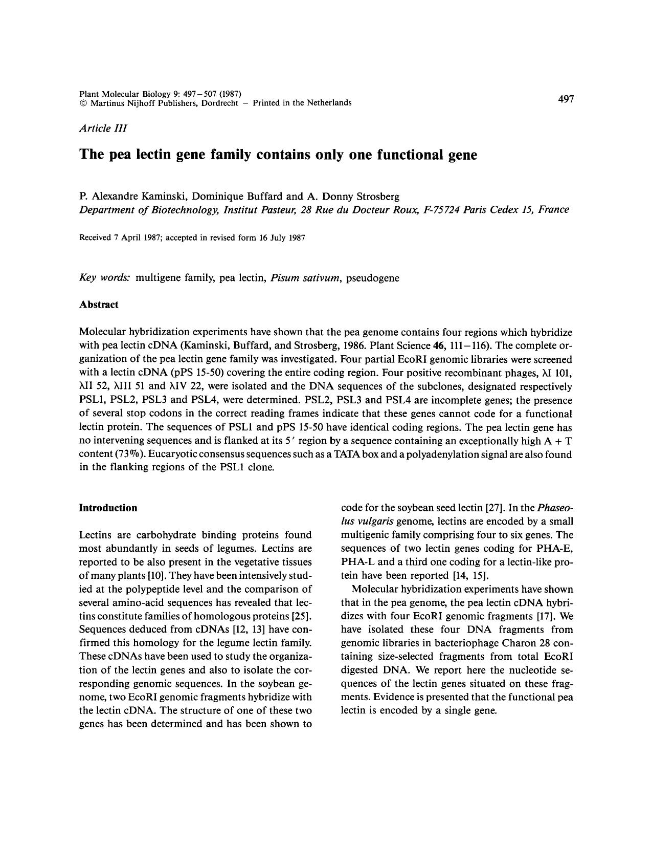 The pea lectin gene family contains only one functional gene by Unknown