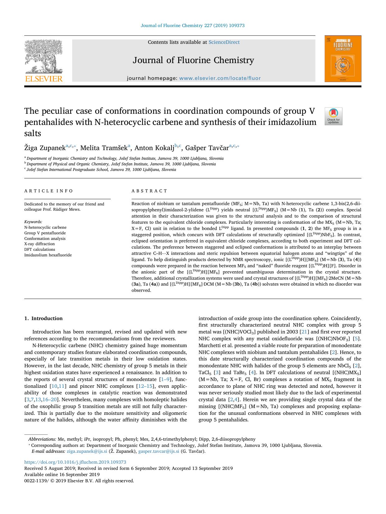 The peculiar case of conformations in coordination compounds of group V pentahalides with N-heterocyclic carbene and synthesis of their imidazolium salts by Žiga Zupanek & Melita Tramšek & Anton Kokalj & Gašper Tavčar