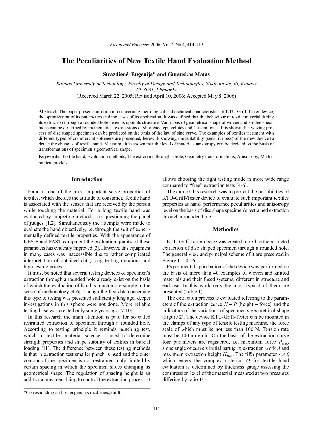 The peculiarities of new textile hand evaluation method by Unknown