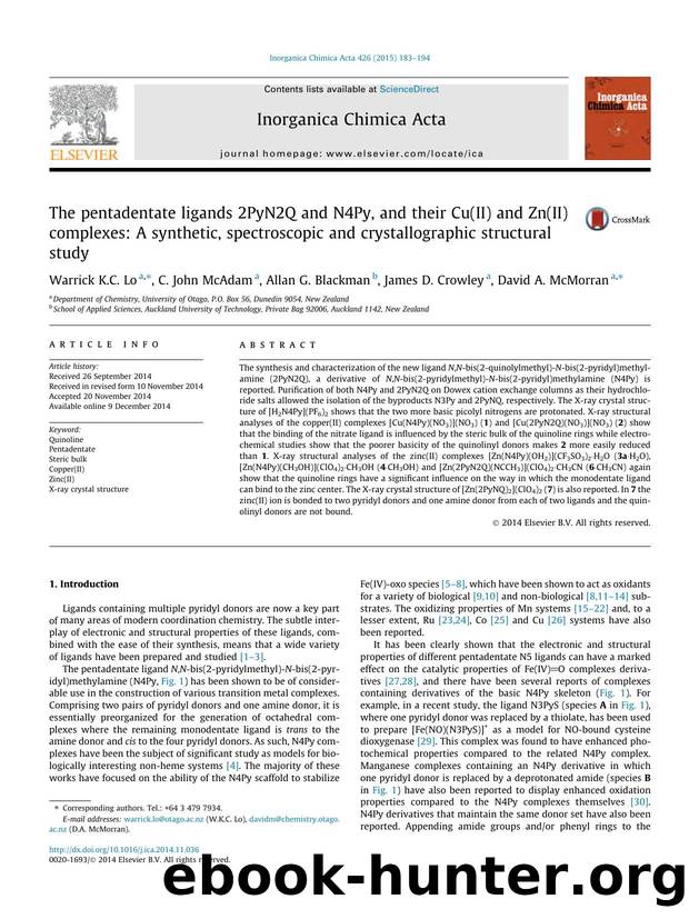 The pentadentate ligands 2PyN2Q and N4Py, and their Cu(II) and Zn(II) complexes: A synthetic, spectroscopic and crystallographic structural study by Warrick K.C. Lo & C. John McAdam & Allan G. Blackman & James D. Crowley & David A. McMorran