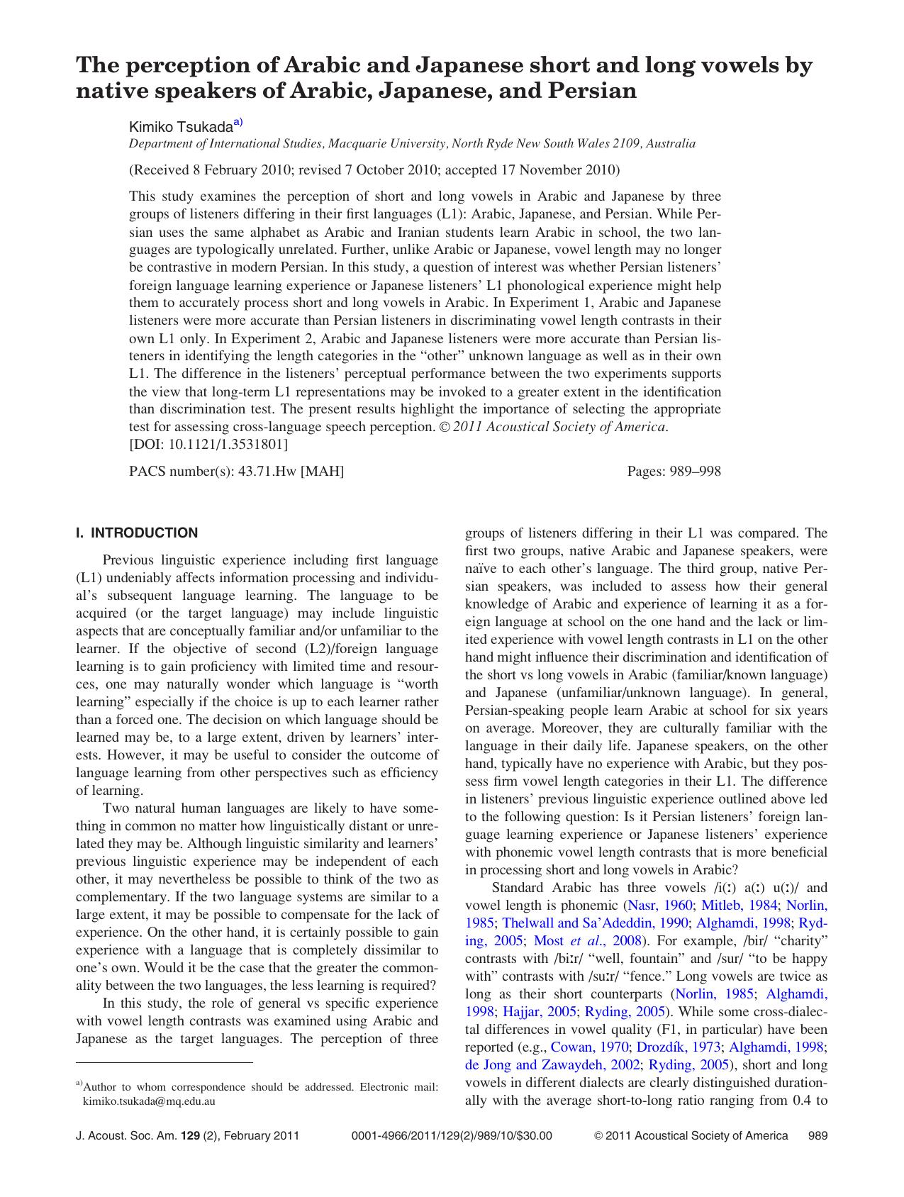 The perception of Arabic and Japanese short and long vowels by native speakers of Arabic, Japanese, and Persian by Kimiko Tsukada