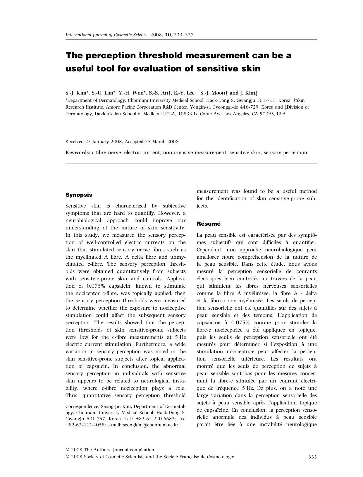 The perception threshold measurement can be a useful tool for evaluation of sensitive skin by Unknown