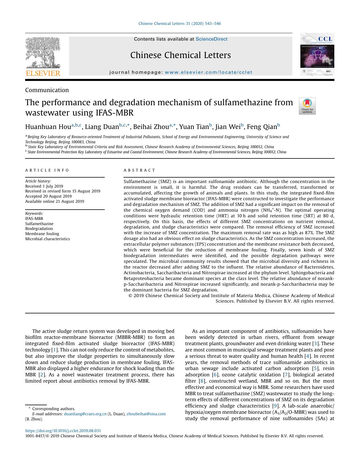 The performance and degradation mechanism of sulfamethazine from wastewater using IFAS-MBR by Huanhuan Hou & Liang Duan & Beihai Zhou & Yuan Tian & Jian Wei & Feng Qian