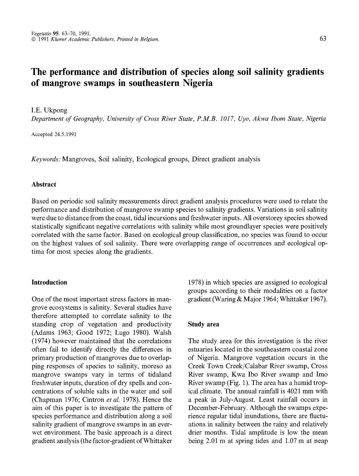 The performance and distribution of species along soil salinity gradients of mangrove swamps in southeastern Nigeria by Unknown