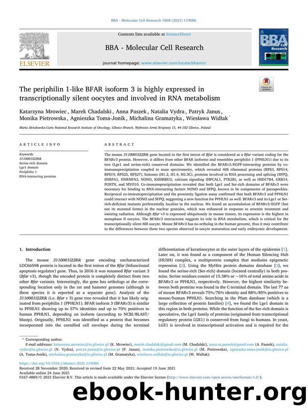 The periphilin 1-like BFAR isoform 3 is highly expressed in transcriptionally silent oocytes and involved in RNA metabolism by unknow