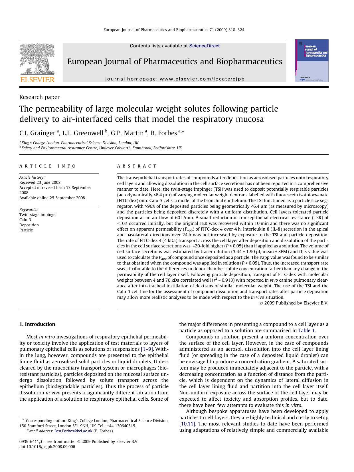 The permeability of large molecular weight solutes following particle delivery to air-interfaced cells that model the respiratory mucosa by C.I. Grainger; L.L. Greenwell; G.P. Martin; B. Forbes