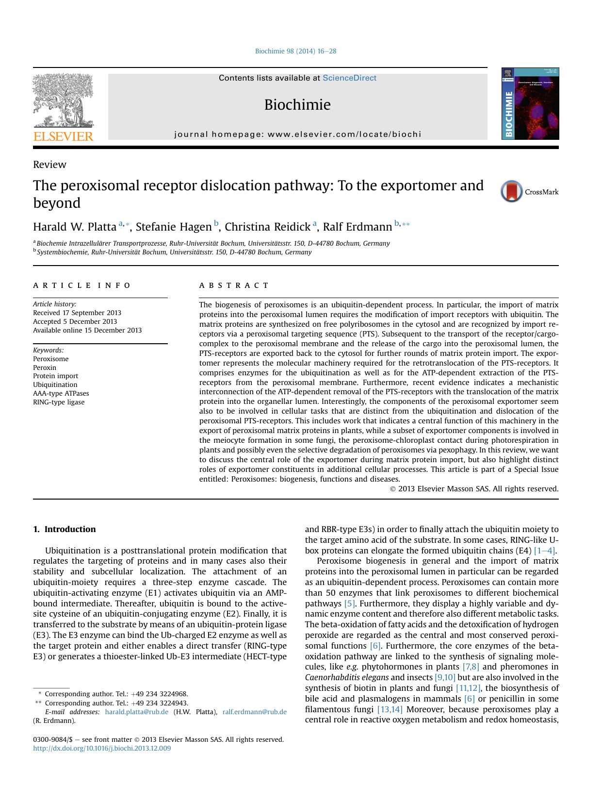 The peroxisomal receptor dislocation pathway: To the exportomer and beyond by Harald W. Platta & Stefanie Hagen & Christina Reidick & Ralf Erdmann