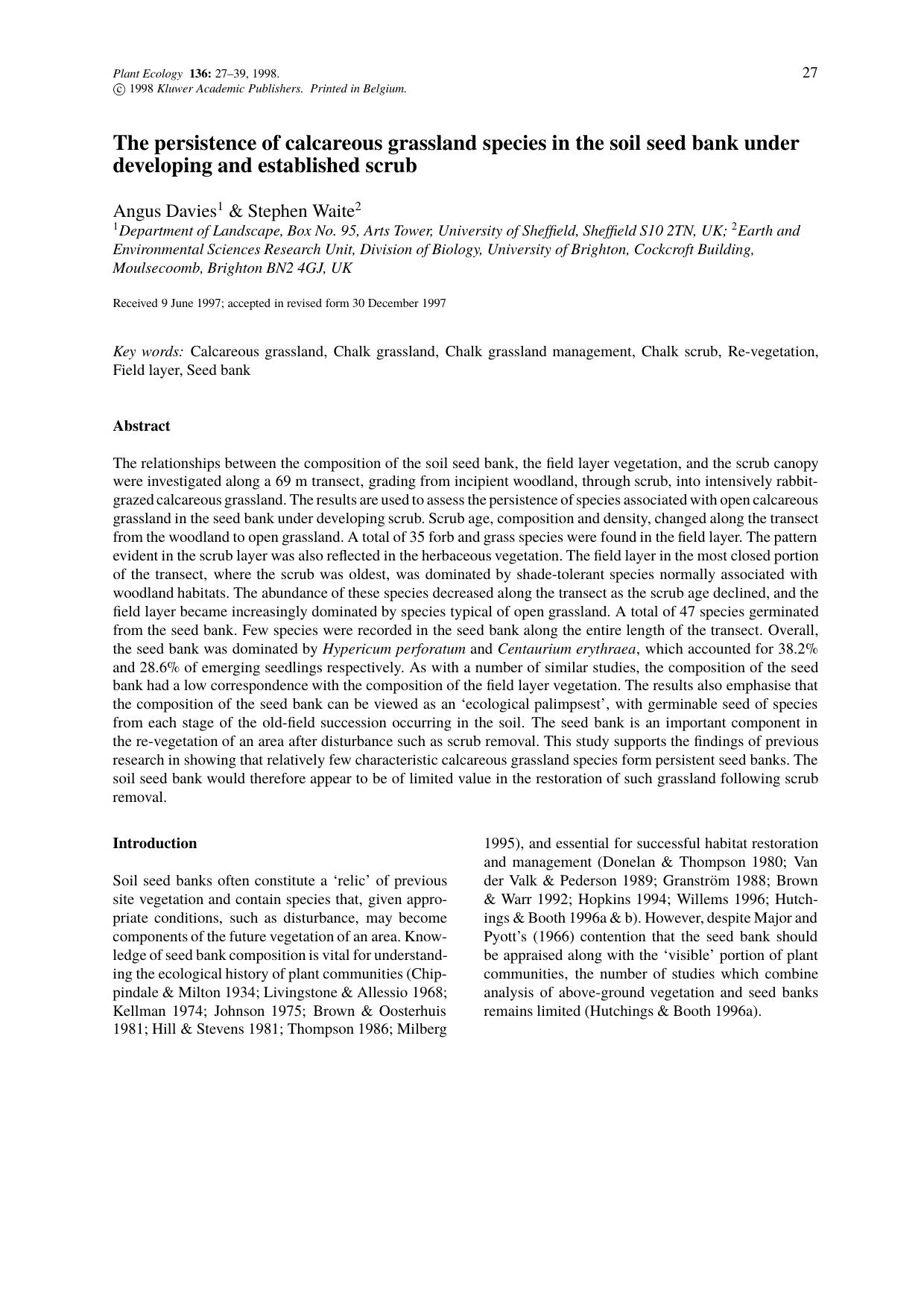 The persistence of calcareous grassland species in the soil seed bank under developing and established scrub by Unknown