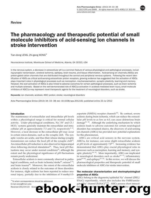 The pharmacology and therapeutic potential of small molecule inhibitors of acid-sensing ion channels in stroke intervention by Tian-dong Leng & Zhi-gang Xiong