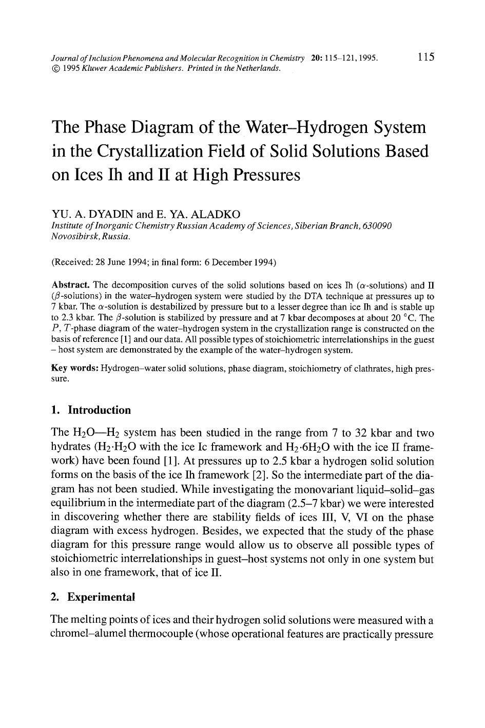 The phase diagram of the water-hydrogen system in the crystallization field of solid solutions based on ices Ih and II at high pressures by Unknown