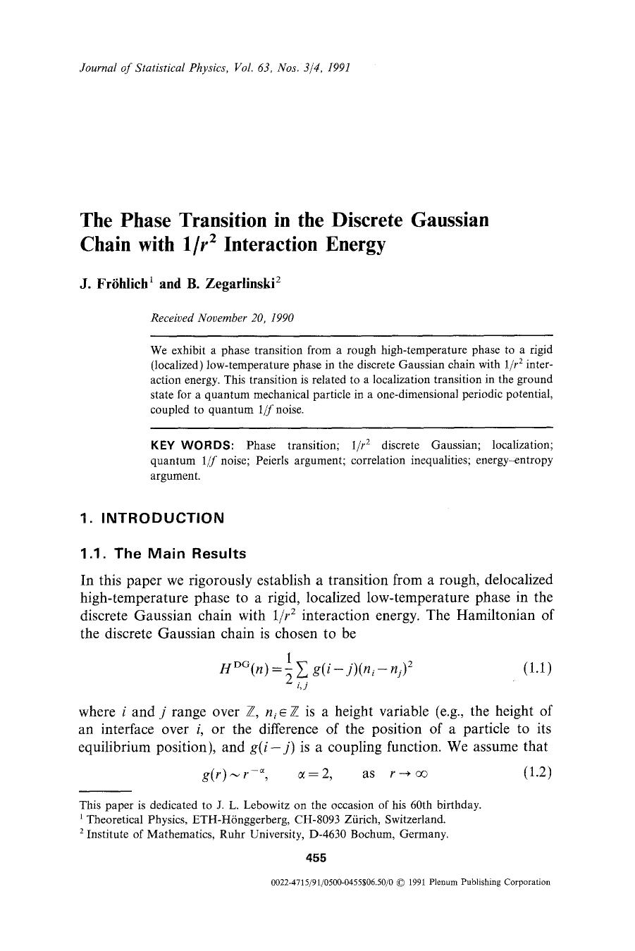 The phase transition in the discrete Gaussian chain with 1 <Emphasis Type="Italic">r <Emphasis> <Superscript>2 <Superscript> interaction energy by Unknown