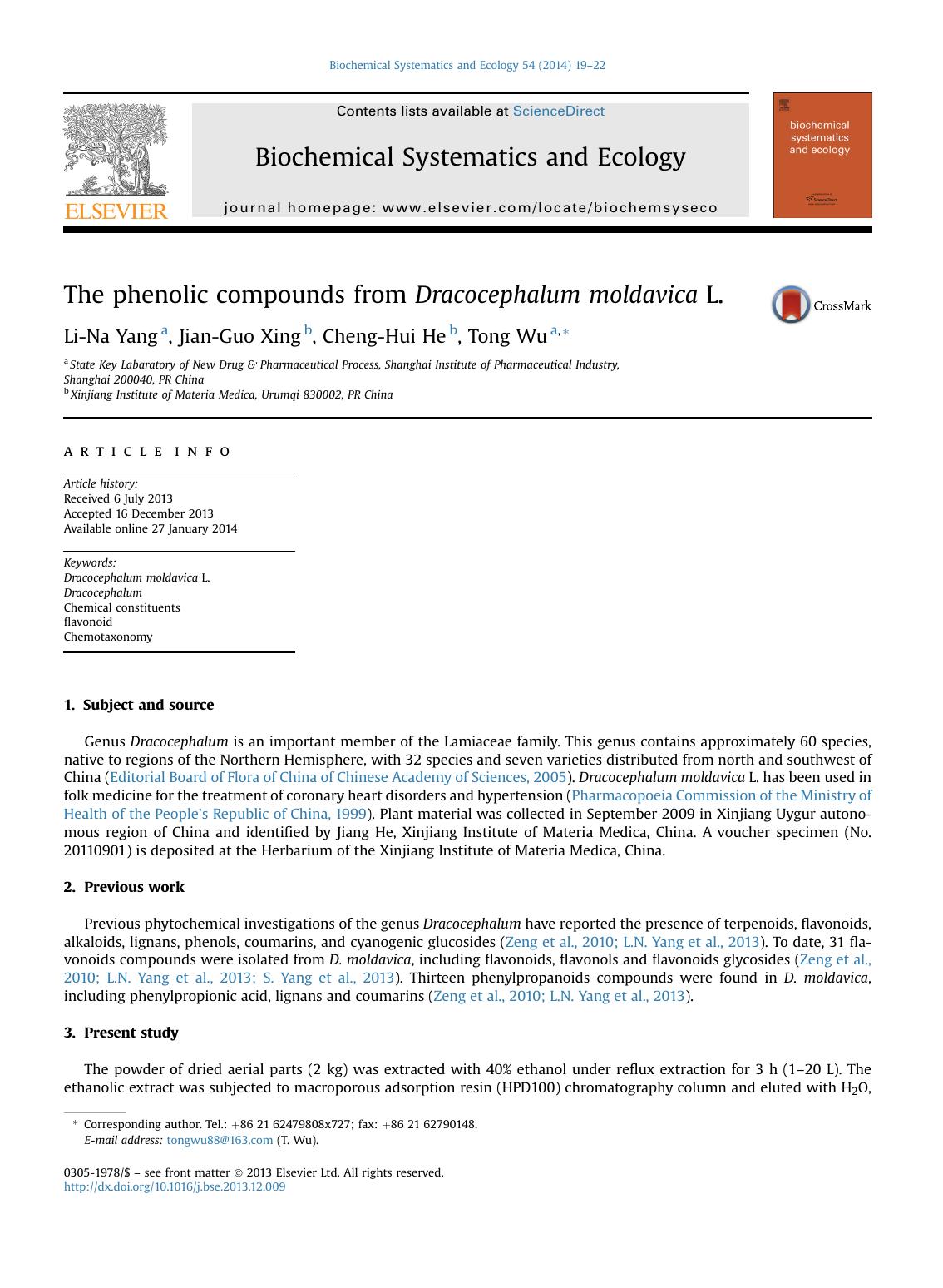The phenolic compounds from Dracocephalum moldavica L. by Li-Na Yang & Jian-Guo Xing & Cheng-Hui He & Tong Wu