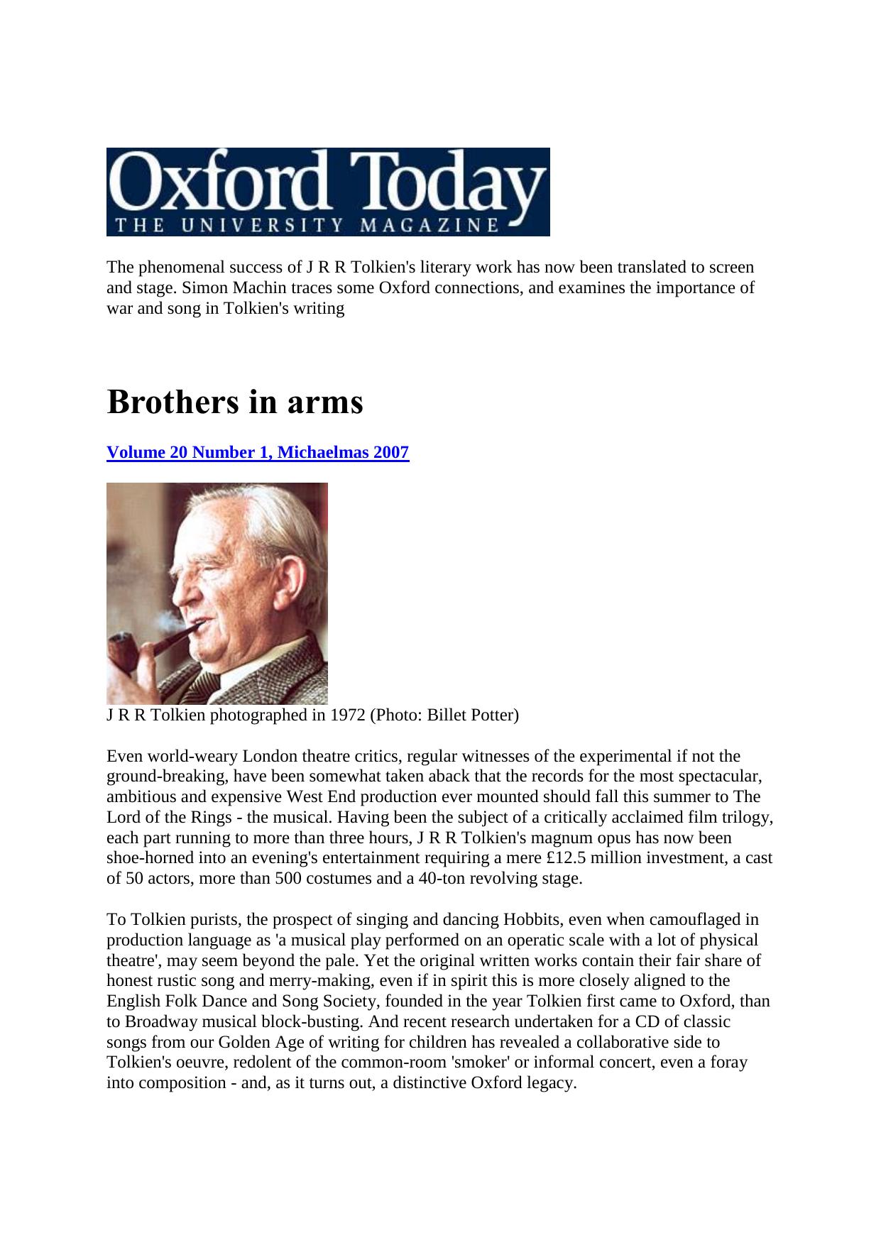 The phenomenal success of J R R Tolkien. Oxford Today Uni Mag by S M Wood