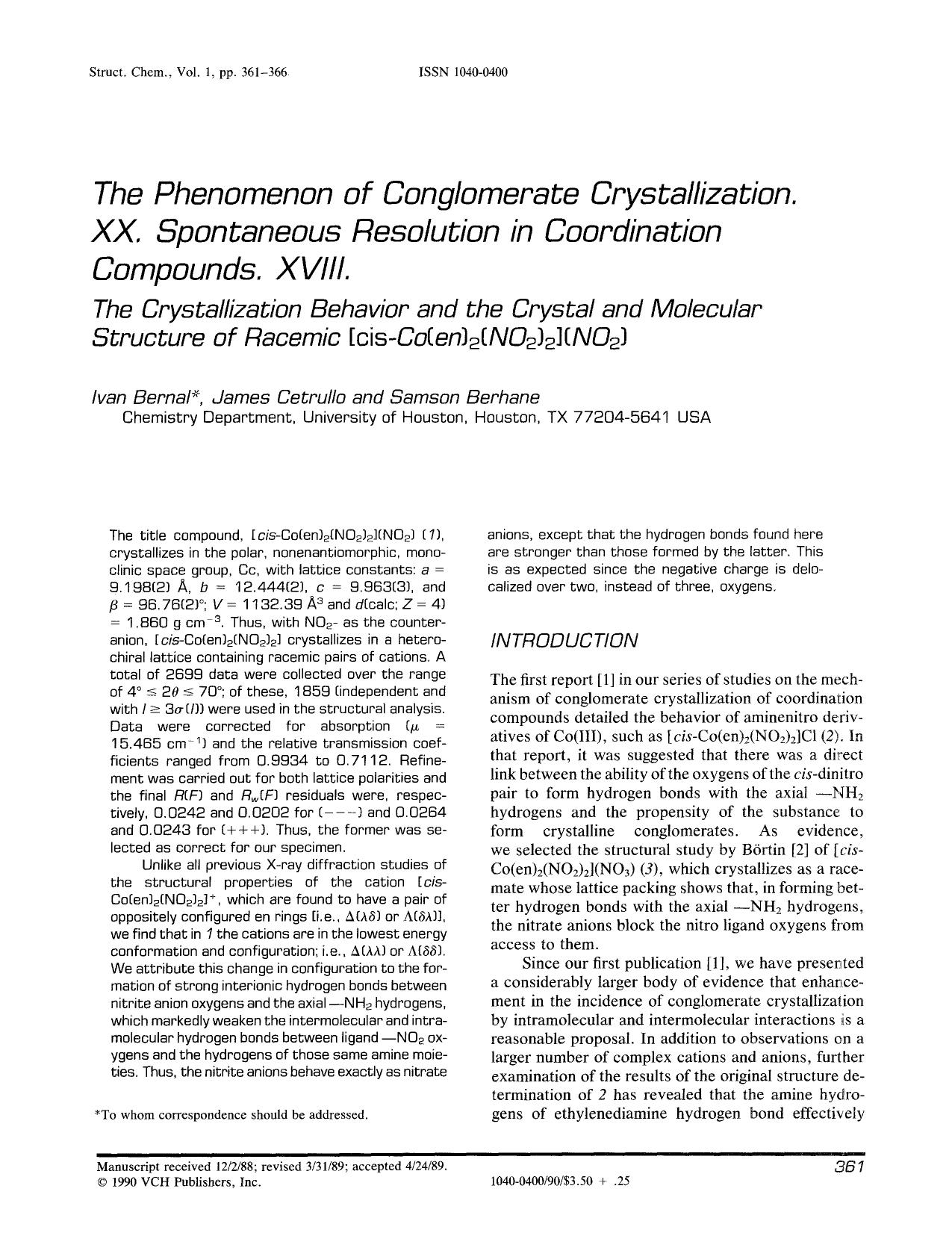 The phenomenon of conglomerate crystallization. XX. Spontaneous resolution in coordination compounds. XVIII. by Unknown