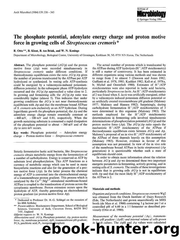 The phosphate potential, adenylate energy charge and proton motive force in growing cells of <Emphasis Type="Italic">Streptococcus cremoris<Emphasis> by Unknown