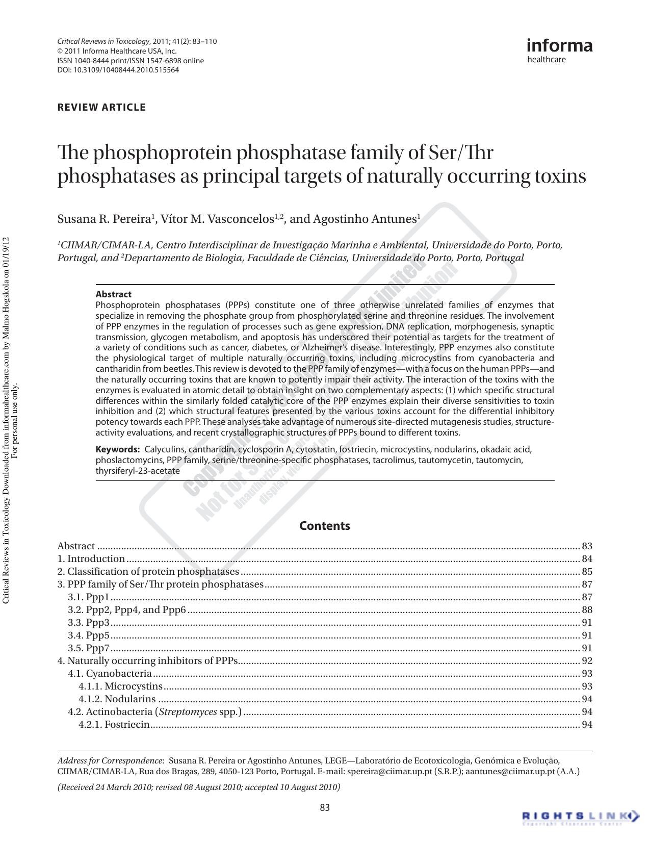 The phosphoprotein phosphatase family of SerThr phosphatases as principal targets of naturally occurring toxins by unknow